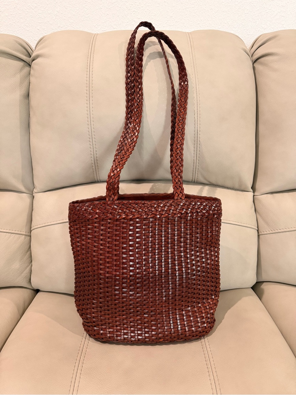 Cole Haan Brown Woven Leather Tote Bag • Braided Handles • Vintage